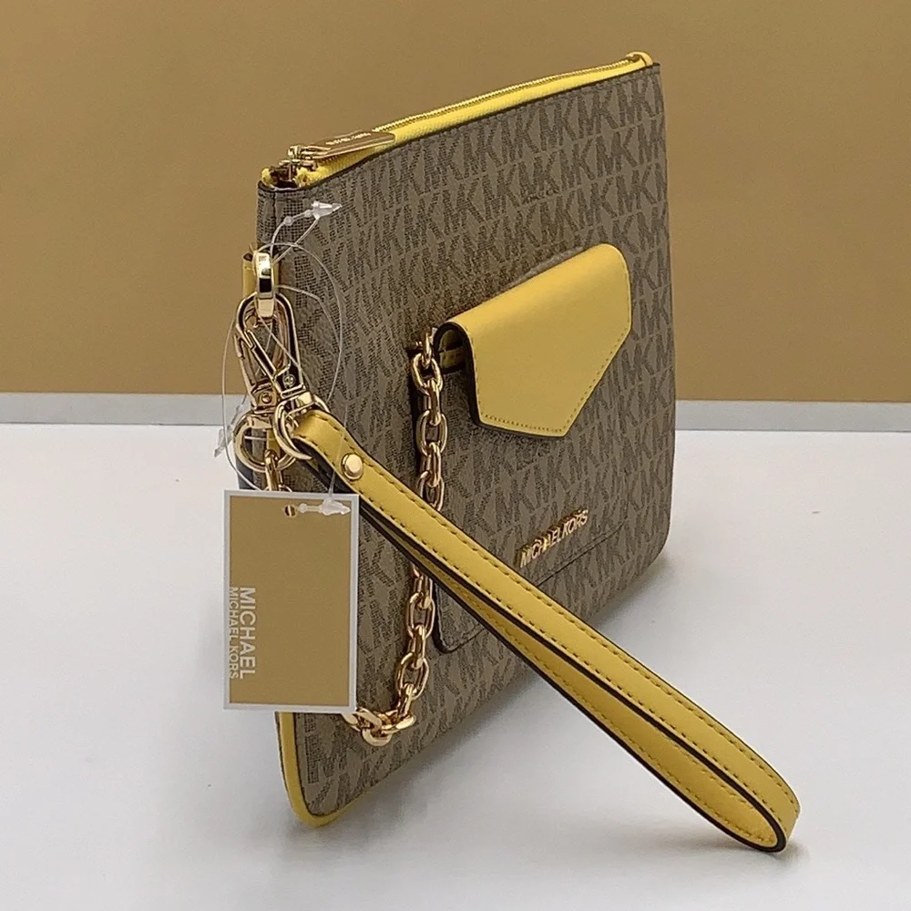 Michael Kors Jet Set LG 2 in 1 card case wristlet Wallet DAFFODIL SIGNAT…